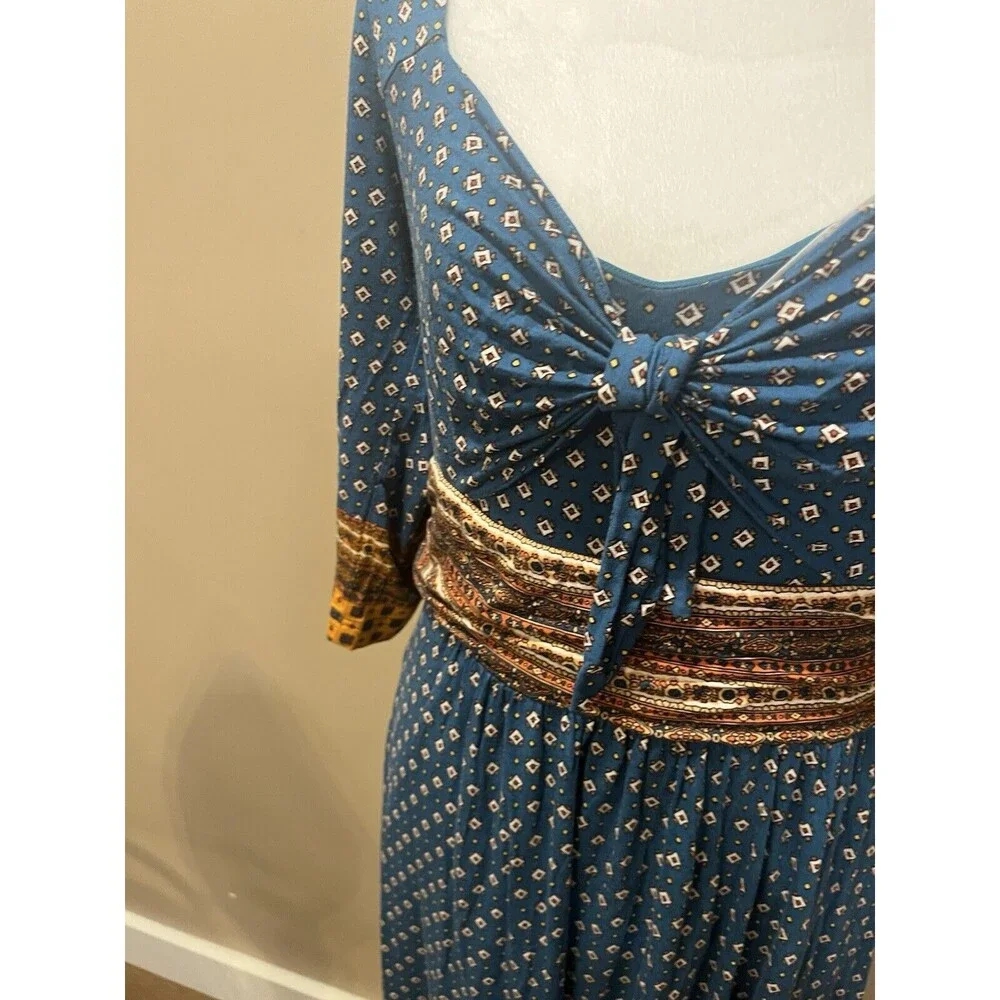 Maeve Anthropologie Teal Gold Border Print Knit Dress Sz M Hippie Boho Western - Picture 3 of 12